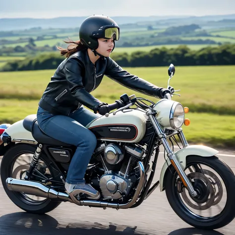 (A young female rider speeds along on a motorcycle)、Vintage Bikes、Bluff Superior SS100、Isle of Man Races、Leather jumper、Cromwell helmet with goggles、After the Rain、English countryside、(Highest quality, masterpiece, High resolution)、8k、wallpaper,masterpiece...