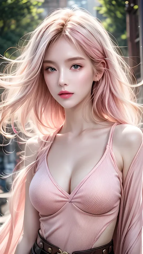  is the best quality, masterpiece,  upper body, Miss, Blond hair fluttering in the wind ,  shining eyes,  steampunk nude style, Thin clothes, Pink clothes,  pink hair