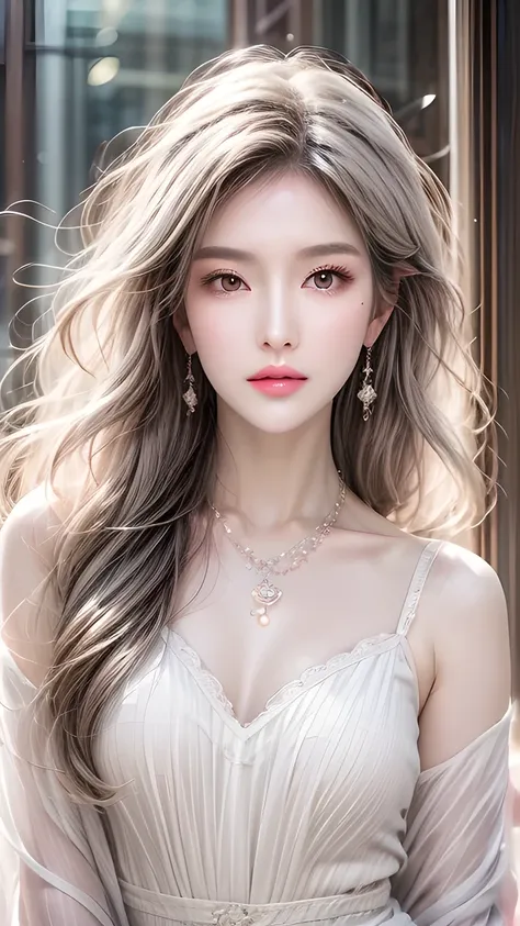 Beautiful,  White Asian Women , K-pop Aidou ,  Long Snow White Wavy Curls ,  Amber Eyes ,  Lavender Dress , Saggy Crescent Eyes , White eyelashes,  Heart Amethyst Necklaces and Earrings, Small face,  Pink Careful Lips . pale,  actual  