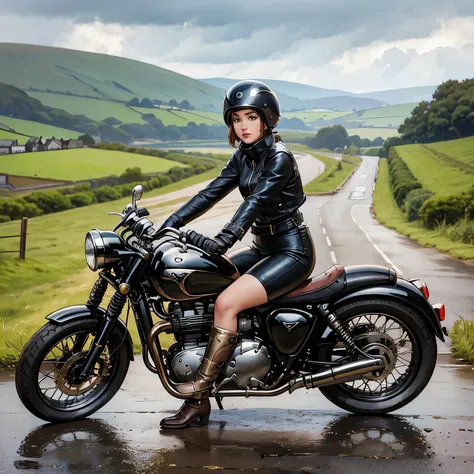 Vintage Bikes、Triumph、Isle of Man Races、(Young female rider stands on the back of her bike for a photo)、Leather jumper、Cromwell helmet with goggles、after the rain、English countryside landscape、