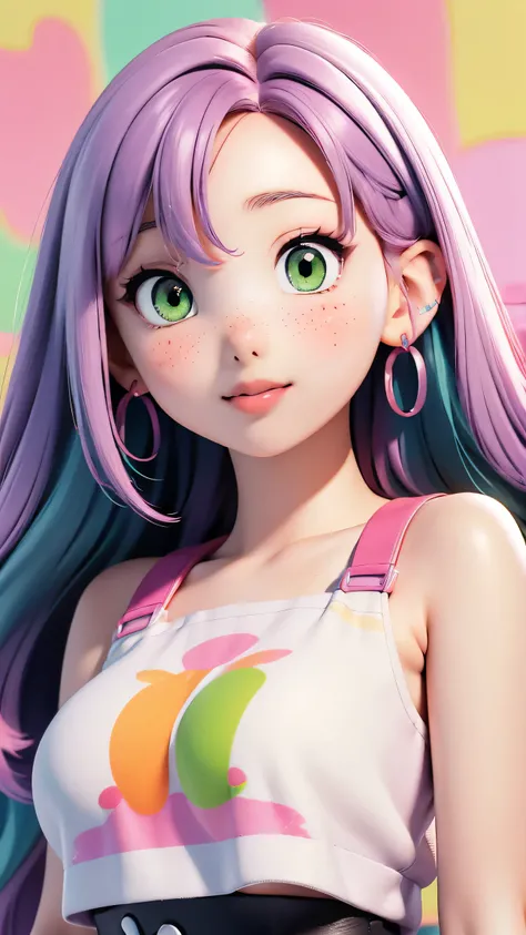 (masterpiece, highres, high resolution:1.2), anime 20 yo girl, portrait, shoulders up, illustration. drawn, violet hair, asian girl, green eyes, blushing, solo, surprised, freckles, big lips, huge breasts, perfect body, wearing a tight crop top, no hands.