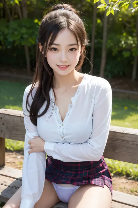 1 young girl,very cute and beautiful japanese teen actress,highly detailed beautiful face,
white blouse,long sleeve,sitting on bench,spread legs,laced white panties,(smile:1.2),happy,looking at viewer,hime cut,hair ribbon
 BREAK dynamic angle,flower garden...