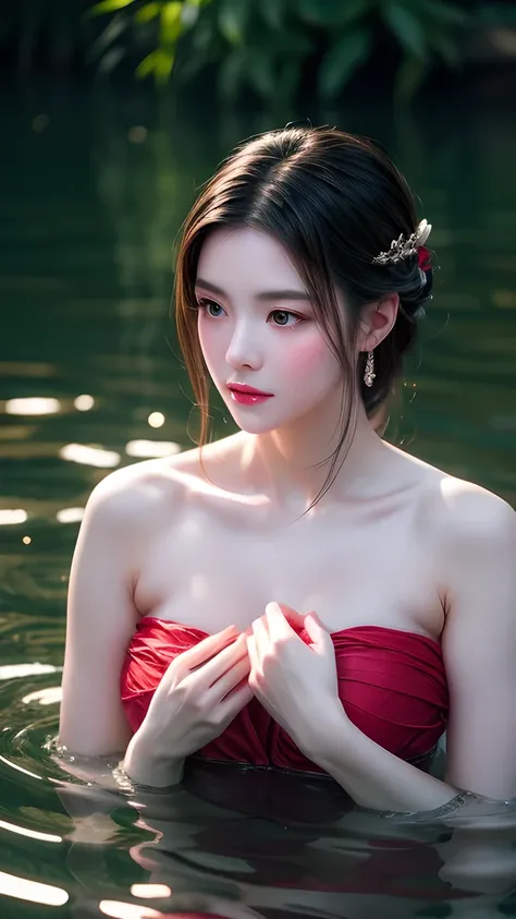  A beautiful adult woman bathes in a tranquil lake, The water reached her shoulders.,  Her hands cover her chest , Red lotus floats on the surface of the water ,  soft lighting , An intimate and sensual atmosphere ,  very detailed ,  movie composition ,  a...