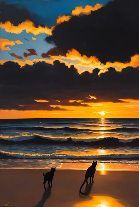 Multiple black cats、Abstract painting looking at the seaside as the sun sets