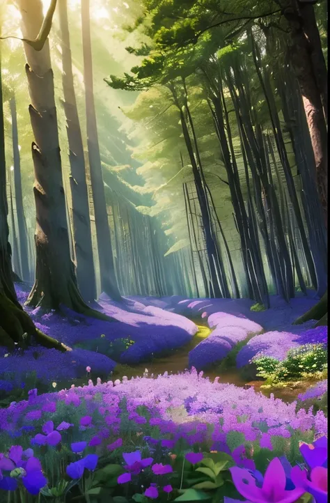 a forest filled with purple flowers and trees in the sunlight, in beautiful woods, really beautiful forest, beautiful forest, in serene forest setting, forest with flowers blue, peaceful lushious forest, long violet and green trees, beautiful forests and t...