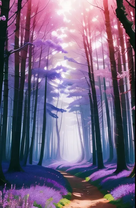 a forest filled with purple flowers and trees in the sunlight, a photo by Michiel van Musscher, flickr, fine art, in beautiful woods, really beautiful forest, beautiful forest, in serene forest setting, forest with flowers blue, peaceful lushious forest, l...