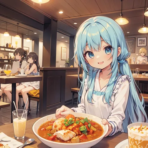   anime light blue long hair  、 Cute little character with twin tails  、smile、Bright restaurant、Cute Anime girl,   Im eating curry with a spoon 、It&#39;s snowing outside the window、The restaurant is decorated with lots of flowers 、splash art anime change, ...