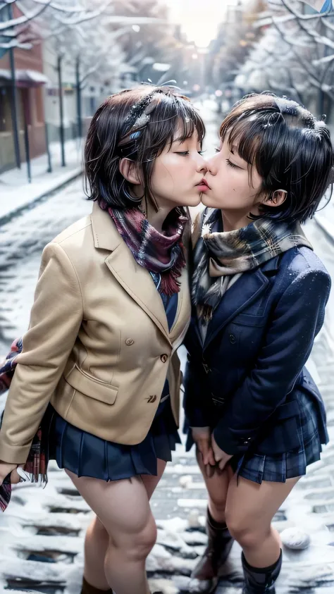 (View from above:1.6)、(( close their eyes:1.8))、((Kiss２people:1.5))、( legs shoulder-width apart on the verge of kissing:1.3、(Winter Street Trees :1.5)、( realistic 、 as pictured 、live-action、8k,  realistic ,  RAW photo,  Max Image: 1.4),   SLR camera、 RAW p...