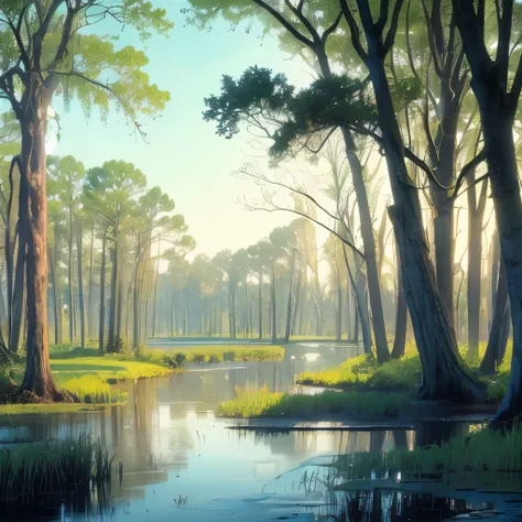 arafed view of a marshy area with a river and trees, marshes, twisted waterway, marsh, backwater bayou, incredibly beautiful, marsh vegetation, the emerald coast, by Thomas M. Baxa, by Thomas Crane, louisiana swamps, peaceful environment, bayou, swamp land...