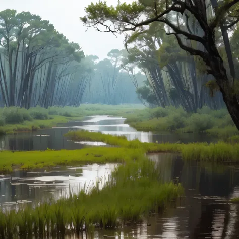 arafed view of a marshy area with a river and trees, a picture by Thomas M. Baxa, pixabay, renaissance, marshes, twisted waterway, marsh, backwater bayou, incredibly beautiful, marsh vegetation, the emerald coast, louisiana swamps, peaceful environment, ba...