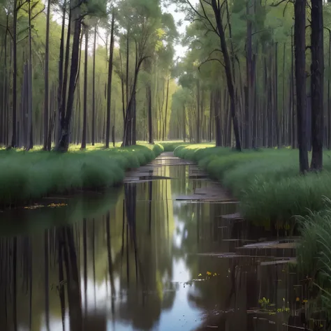 arafed view of a marshy area with a river and trees, a picture by Thomas M. Baxa, pixabay, renaissance, marshes, twisted waterway, marsh, backwater bayou, incredibly beautiful, marsh vegetation, the emerald coast, louisiana swamps, peaceful environment, ba...