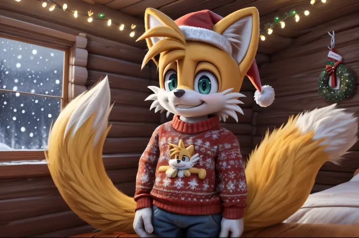 Miles tails prower, with green ugly sweater, wearing and a winter hat, cute face, wearing pants, on a cabin room with ((christmas lights)), christmas tree, snowing outside