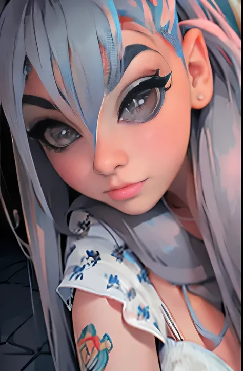 (Realistic painting style:0.9), masterpiece, best quality,  absurdres, looking at viewer, solo, (grey babydol:1.5),  bronya zaychik, red pupils, large breasts, long hair, grey hair, bangs, grey eyes, earrings, drill hair, hair between eyes, hair ornament, ...