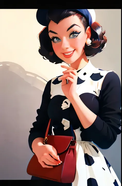 araffe dressed in a polka dot dress and hat with a black purse, a photo by Paul Guigou, tumblr, pop art, 5 0 s style, 50s style, polkadots, 1 9 5 0 s style, retro 5 0 s style, 1950s vibes, polka dot, black and white spots, vintage fashion