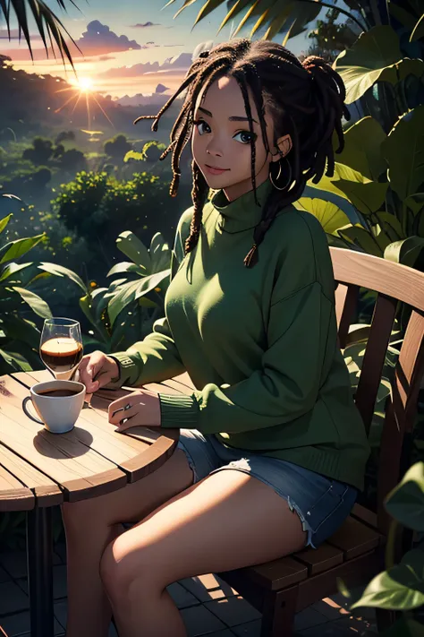 ((best quality)), ((masterpiece)), (detailed), 1girl, green army sweater, beautiful African Americans, dreadlocked hairstyle, Apocalypse, Optical Illusion, Smile, jungle background, sitting, sunset light at cozy Caffe, a glass of coffee on the table, full ...