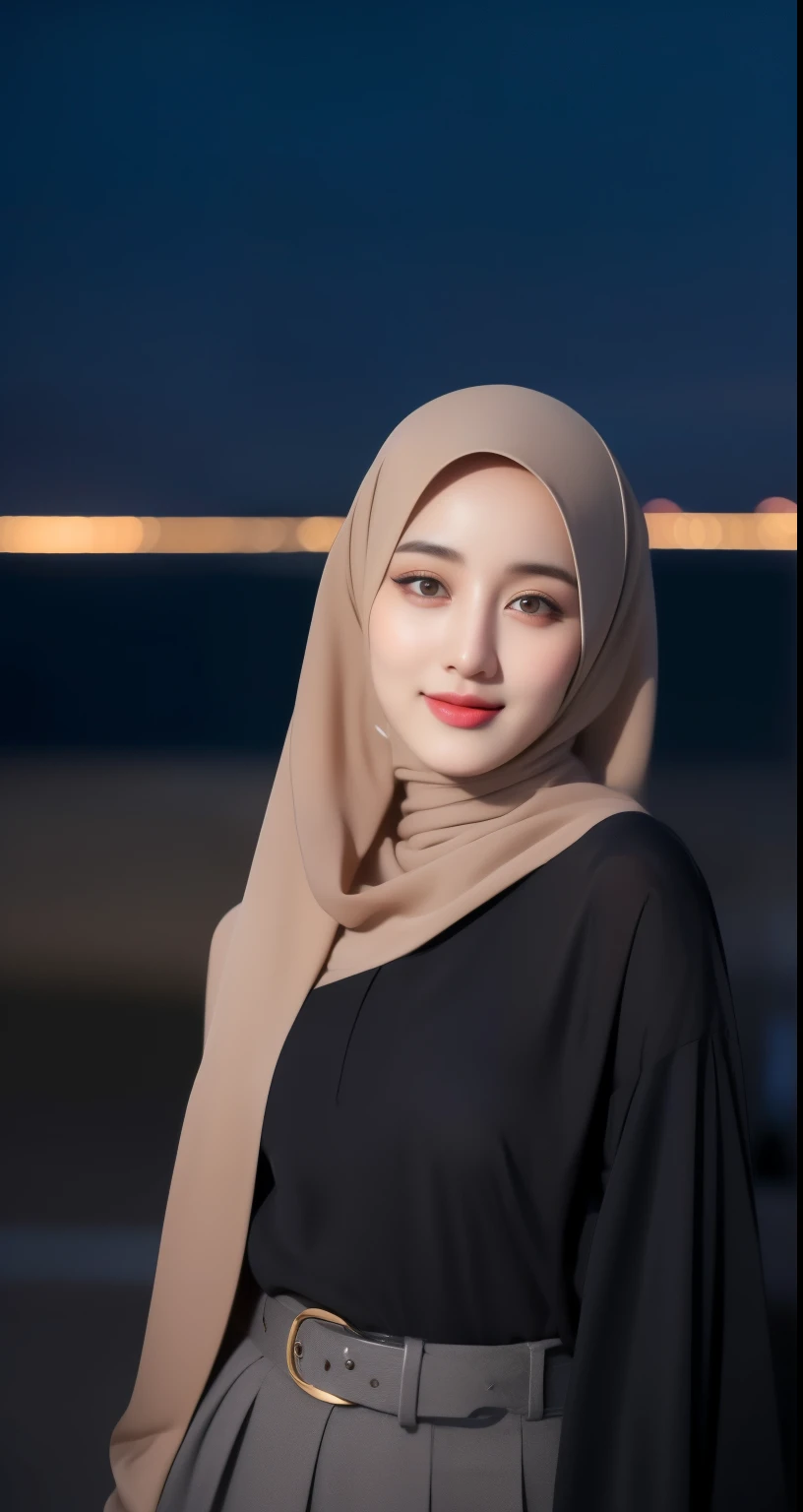 21 years old girl, beautiful hijab girl, long hijab fashion outfit, olive skin tone, Hijab trendy long outfit, wearing a belt, long hijab blush, (( potrait from face to leg )), night sky background, Streets background, detaild face, Cute face, detailed eye...