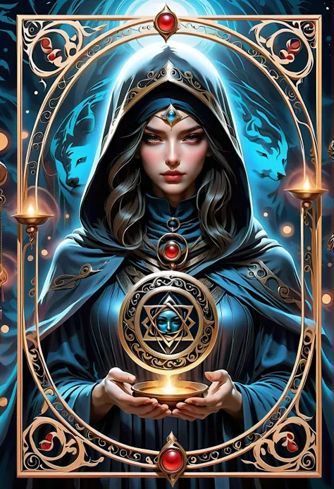 onmyoj, metal photo frame, mysterious fortune teller wearing hood, symbols and mystical elements, ancient mysterious atmosphere, realistic illustrative details, vibrant and energetic composition, 