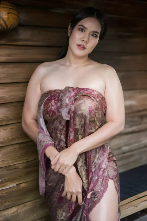 56 years Old, Hijab Indonesian mature woman, Large Hanging  : 96.9, Lace Bra, Thai Sarong, Breast about To burst out from her clothes, at Onsen, High light, at daytime