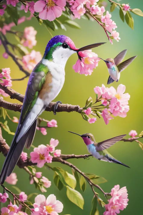 painting of a Hummingbird sitting on a branch with flowers, Detailed painting 4k, Beautiful art uhd 4k, painting of a Hummingbird,  Colourful and Detailed,  Beautiful Tall Picture , Beautiful Nature,   surreal bird  ,  detailed 4k painting , Hummingbird, A...