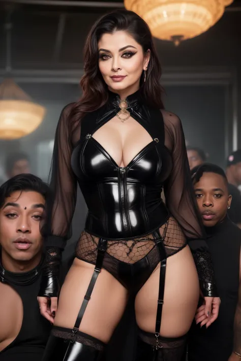 Full body photo of SEX 50YO MATURE MILF AISHWARYA RAI as HORNY SEX MILF, (((FLIRTATIOUS SARDONIC SMIRKING FROWN))), (((PANDA SMUDGE EYE MAKEUP WITH FALSE EYELASHES))), (ponytail tied hair), ((BLACK PENTAGRAM harness)), ((boots)), (((DOMINATING BLACK MEN in...