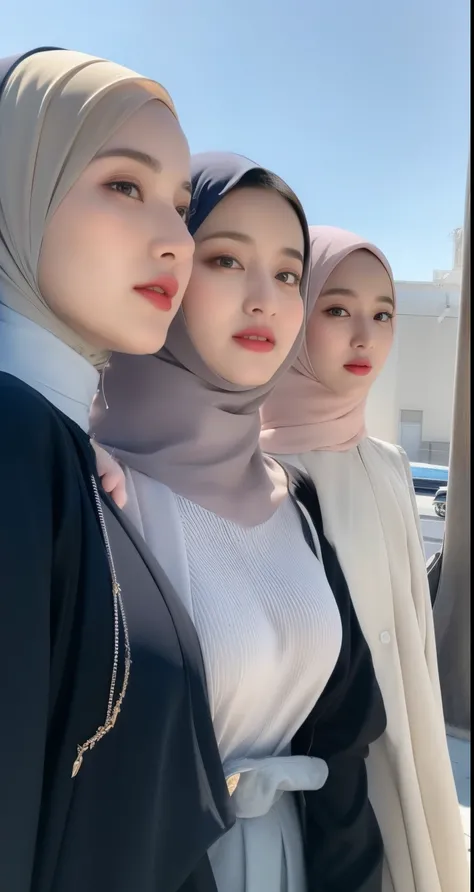 ((Three group hijab girls potrait)), beautiful hijab girl, long hijab fashion outfit, olive skin tone, Hijab trendy long outfit, wearing a belt, long hijab blush, long hijab, (( potrait from face to body )), blue sky background, Streets background, detaild...