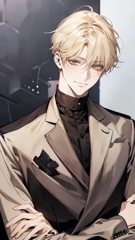 Solo, anime drawing of a man with blonde hair and red eyes, clean anime outlines, praying posture, side part bangs, medium hair length, anime portrait of a handsome man, male anime style, smirk facial