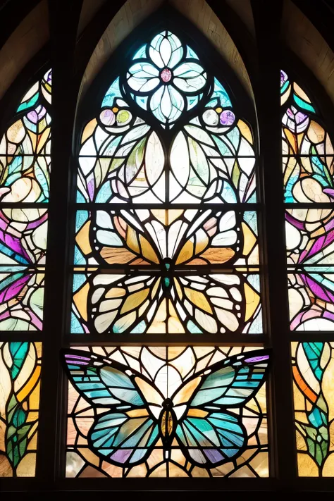 A highly detailed and realistic stained glass design featuring an intricately designed butterfly with delicate, transparent wings. The butterfly is rendered with lifelike textures and vibrant, iridescent colors, making it appear almost three-dimensional. T...