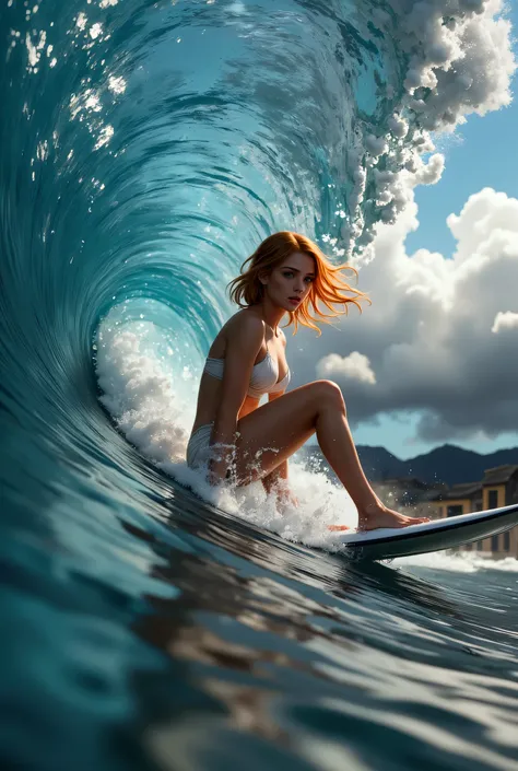 Create a stunning, high-fidelity, ultra-quality image of a beautiful female surfer riding a massive, perfectly formed wave deep inside the barrel. The wave is enormous, towering over the surfer as it curls into a hollow tube, with vibrant blue water shimme...
