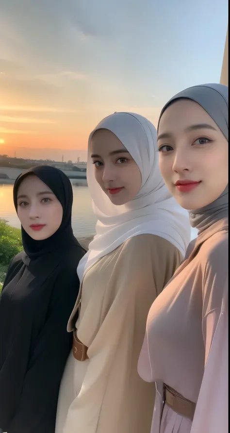 ((Three group hijab girls potrait)), beautiful hijab girl, long hijab fashion outfit, olive skin tone, Hijab trendy long outfit, wearing a belt, long hijab blush, long hijab, ((potrait from face to body)), sun light evening sky background, Streets backgrou...