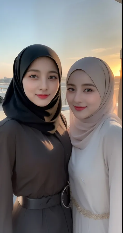 ((Two hijabi couple girls potrait)), beautiful hijab girl, long hijab fashion outfit, olive skin tone, Hijab trendy long outfit, wearing a belt, long hijab blush, long hijab, ((potrait from face to body)), sun light evening sky background, Streets backgrou...