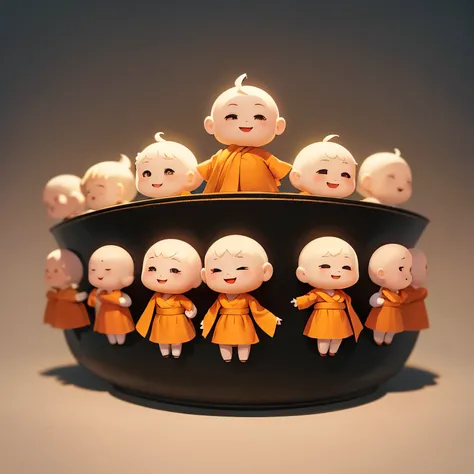 "Cute and colorful illustration of smiling Buddhist monks singing in chorus, chibi style, soft pastel colors, kawaii characters, round faces with rosy cheeks, simple bald heads, orange and yellow robes with clean lines, standing in formation, musical notes...