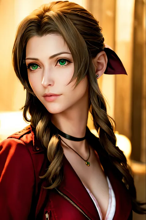 ff7r style, aerith gainsborough, 1girl, solo, realistic, green eyes, brown hair, long hair, blurry, looking at viewer, red jacket, jewelry, blurry background, necklace, choker, jacket, portrait, lips, ribbon, hair ribbon, bow, nose, closed mouth , ((master...