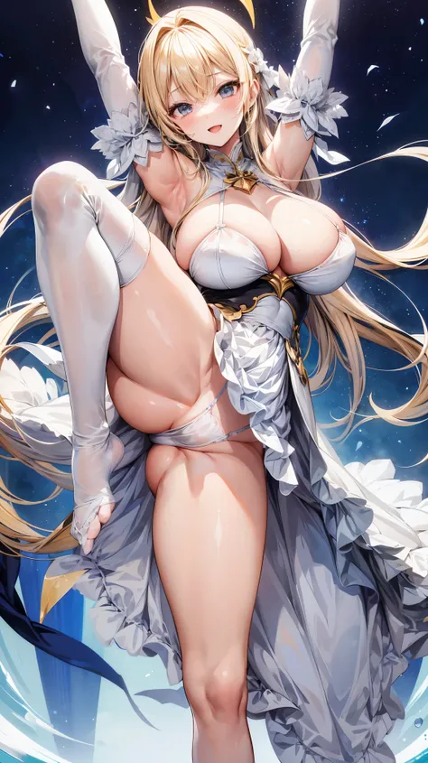 Blonde woman、whole body、(SFW Giant)、Open mouth smiling、( very large breasts)、(standing split:1.5)、Im wearing white high leg panties、 Raising One Leg Up 