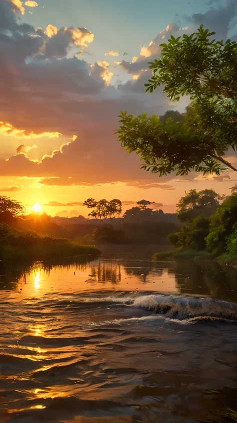 
Beautiful hyper-realistic and super-detailed masterpiece that shows a mysterious river in the amazon forest, with the sunset sunshine, somebutterflies flying