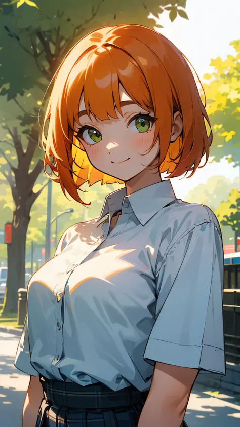   teenage girl、solo、 orange hair、 bob cut、Green eyes、街路樹の木の下で、smile、 upper body closeup without left arm、 white blouse shirt、 plaid pleated skirt under street trees 、Under bright lighting、 sharp outline