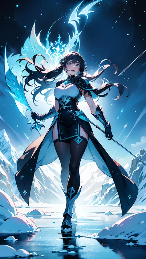 “A fierce battle takes place on the surface of a frozen lake, surrounded by towering snow-covered mountains. The ice beneath the warriors cracks and splinters with every heavy footstep and strike. Alvein stands at the center, summoning ethereal spirits to ...