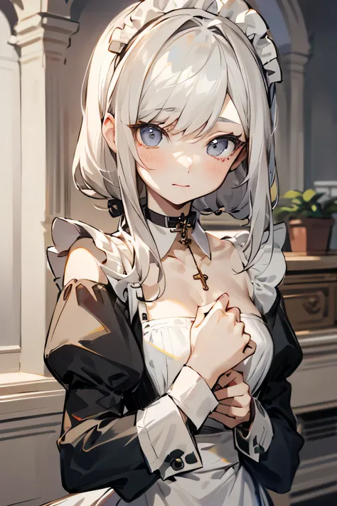 light gray shoulder-length hair、 white skin, a cute face 、A girl wearing maid clothes, long sleeves, 、A choker around the neck、A girl with a rosary shining on her chest shows a glimpse of her underwear