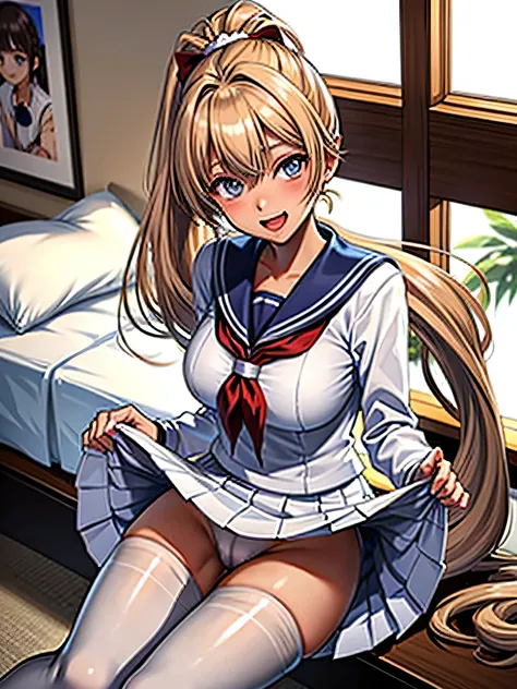 (In 8K、 Original photo、 top quality、​masterpiece:1.2)、(2024 anime style:1.37)、 ultra-detailed、1 Japanese schoolgirl 、 cute little 、solo、 beautiful detailed sky 、(Tanned  dark brown skin )、 dark brown skin 、(Dyed blonde)、Of dyed blond hair、 nasty smiles 、Ea...