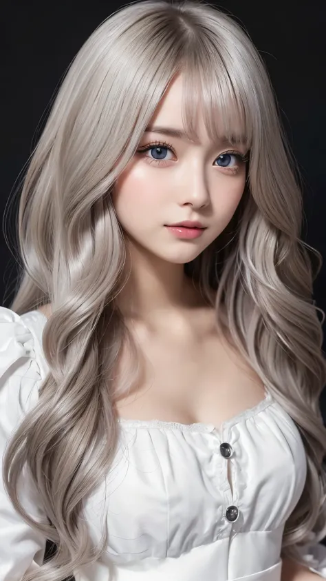 gothic lolita:1.0、Round face:2.0、Curly Hair:2.0、 Cowboy Shots:2.0、Extreme pose、 Silver Hair、 very long hair:2.0、Northern Europe:1.0、 beautiful girl、 white background 、cute、young、 TrueFace、 shiny hair、whole body、Tabs Top Quality , shape,  super detailed, fi...