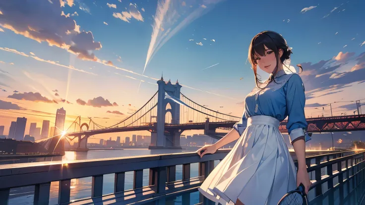 (masterpiece:1.2) ( are of the best quality) ( detailed) (Complex) (8K) (HDR) (wallpaper) ( cinematic lighting ) ( clearly focuses on themes such as ),1 Girl, architecture, Link_fence, fence, sky空scraper, Cityscape, Ferris_wheel,  blue_sky空, City, racket, ...