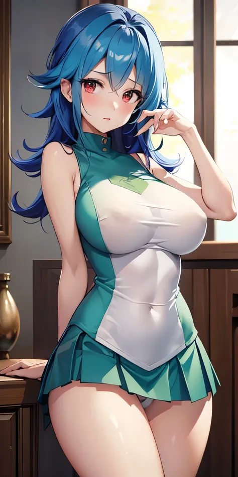 1 Female,High definition,high resolution,Ultra-realistic,8K, kr1, multicolored hair, dyed bangs, white shirt, sleeveless,  green skirt, tight skirt, miniskirt, pleated skirt, large breasts,European,sexy,Upper body close-up,Photographed from the front,Dynam...