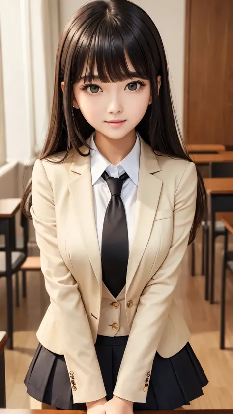 (( High Quality )), (( table top in front of you)), ( detailed face ), (Highlights), woman、Beautiful breasts、 black hair、Heavy bangs、 skirt、 blazer、 school uniform 、 