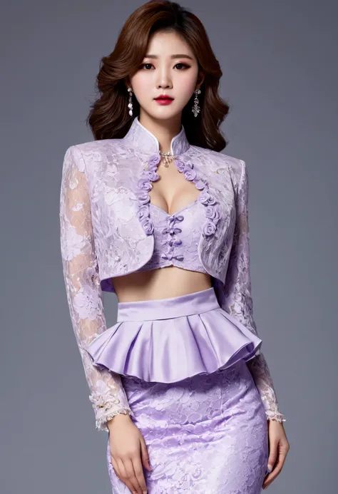 A Korean man is wearing a ladies skirt suit, a beautiful skirt suit, he is a crossdresser, he has big breasts on his chest like a womans, his face is very masculine, his hair is masculine short, light purple and white, frills and lace. Decoration, ladys dr...