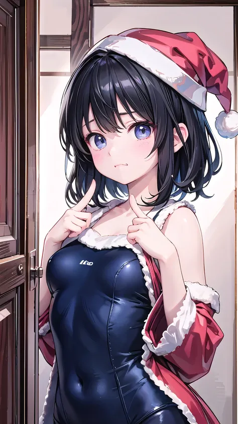 (1 person)、(((Black Hair)))、((whole body))、(((Santa outfit with front open)))、((Hold up your index finger))、((In the girls room))、(((whole body)))、(Beautiful Japanese Women)、(Santa hat)、((Santa clothes))、 (Navy blue one-piece school swimsuit)、((Sad face))、...