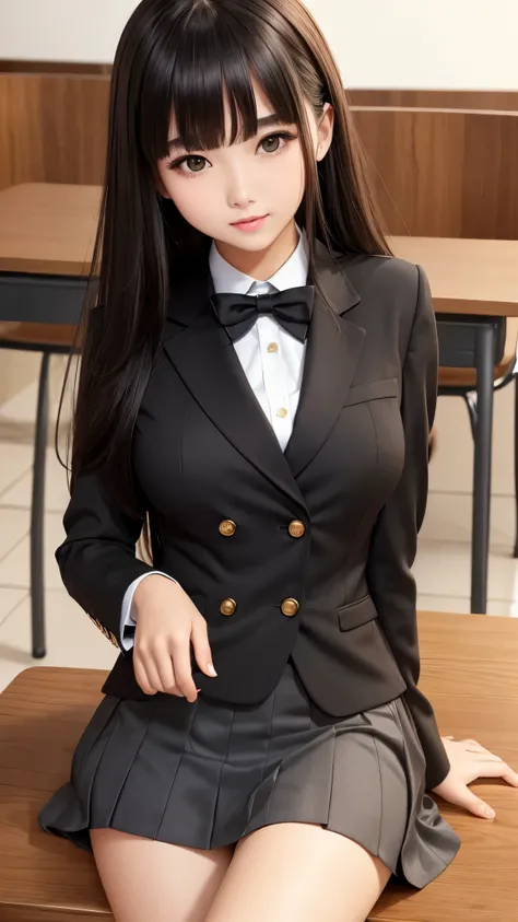 (( High Quality )), (( table top in front of you)), ( detailed face ), (Highlights), woman、Beautiful breasts、 black hair、Heavy bangs、 skirt、 blazer、 school uniform 、 