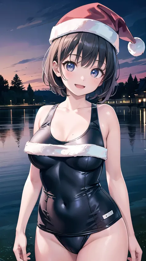 50s, fat, voluptuous (((Beautiful Japanese MILF in her 50s.)))(1 person)、(((Black short hair)))、((whole body))、(((Santa outfit with front open)))、((Random Pause))、((At the lake at dusk))、(((whole body)))、(Beautiful Japanese Women)、(Santa hat)、((Santa cloth...