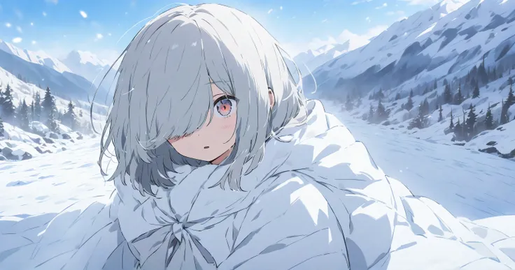 Snowy mountains in the morning　 girl with gray hair bob　 hide one eye 　 skirt with open pupils 　 tattered white clothes　Person Distant 　 scenery main 　anime