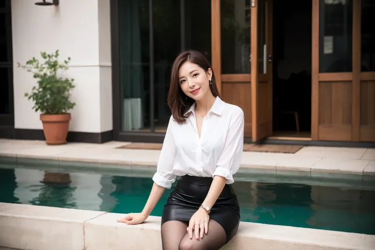  top quality, masterpiece,  realistic ,  high definition , 8k　 RAW photo,Alone,  one girl, Cute beautiful mature woman、43 years old、 Standing 、smile、 Business Skirt、  Ultra Realistic Pantyhose 、Wet inner thighs、 spread your legs 、 high heels