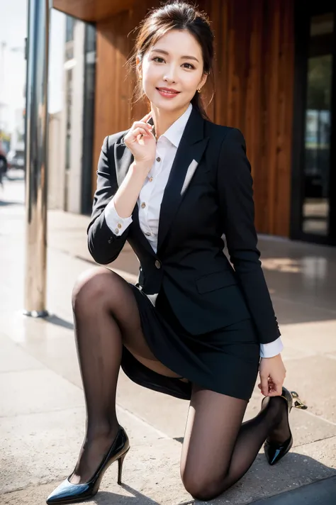  top quality, masterpiece,  realistic ,  high definition , 8k　 RAW photo,Alone,  one girl, Cute beautiful mature woman、43 years old、 Standing 、smile、 Business Skirt、  Ultra Realistic Pantyhose 、Wet inner thighs、 spread your legs 、 high heels