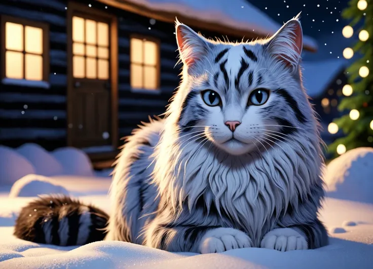 The Icelandic Yule Cat , Snowy Night , Soft Shadows,  The fur is fine and realistic  ,Also、 has very detailed textures ,  Realistic lighting and depth of field  , 4K resolution.